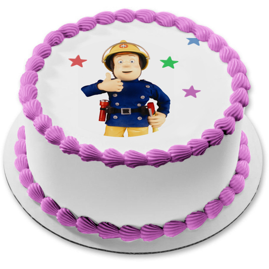 Fireman Sam Thumbs Up Stars Background Edible Cake Topper Image ABPID12053