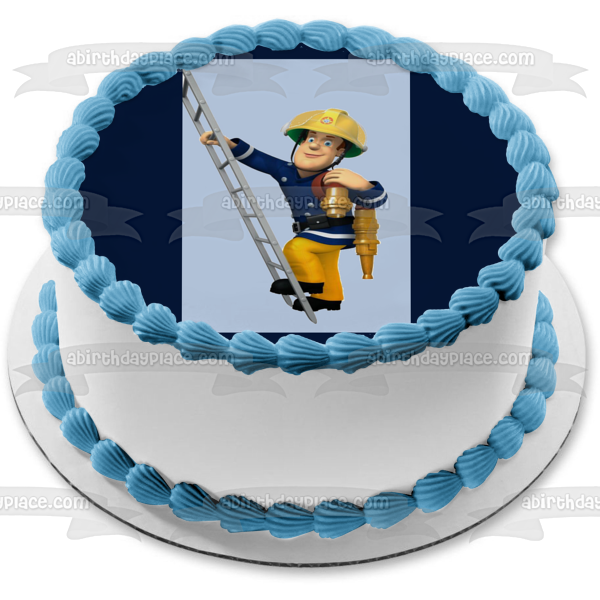 Fireman Sam Fire Hose Climbing a Ladder Edible Cake Topper Image ABPID12067