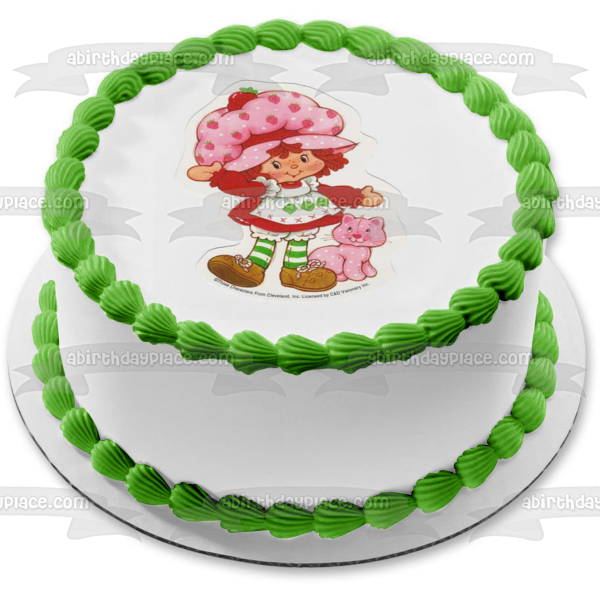 Strawberry Shortcake Waving Pink Cat Edible Cake Topper Image ABPID11939