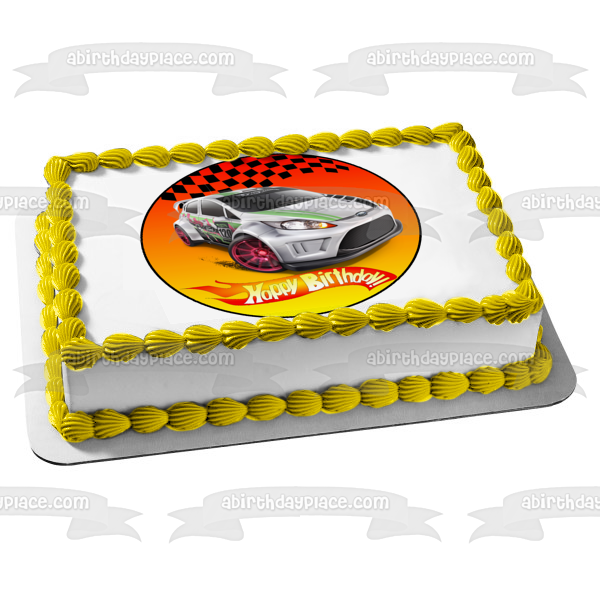 Hot Wheels Feliz cumpleaños coche plateado bandera a cuadros decoración comestible para tarta imagen ABPID12134 