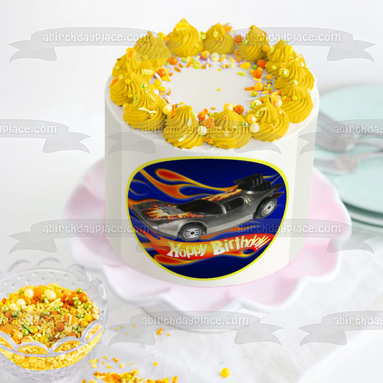 Mattel Hot Wheels Happy Birthday Silver Race Car Edible Cake Topper Image ABPID12139