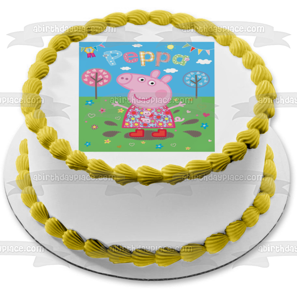 Peppa Pig Corazón Árboles Flores Adorno comestible para tarta Imagen ABPID12346 