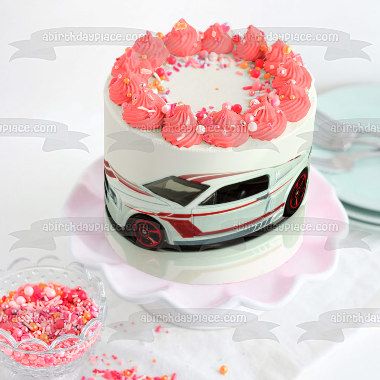 Custom Race Car White and Red Edible Cake Topper Image ABPID12383