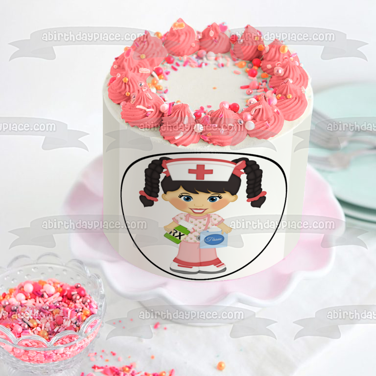 Cartoon Nurse Tissues Stethoscope Prescription Bottle Edible Cake Topper Image ABPID12465