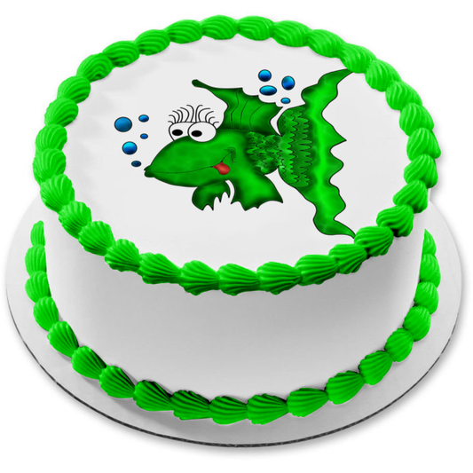 Adorno comestible para tarta con burbujas azules y peces verdes de dibujos animados, imagen ABPID12632 