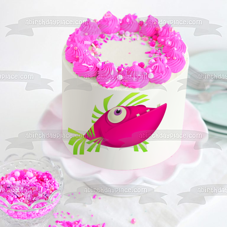 Adorno comestible para tarta con pez tropical rosa y verde de dibujos animados, imagen ABPID12656 