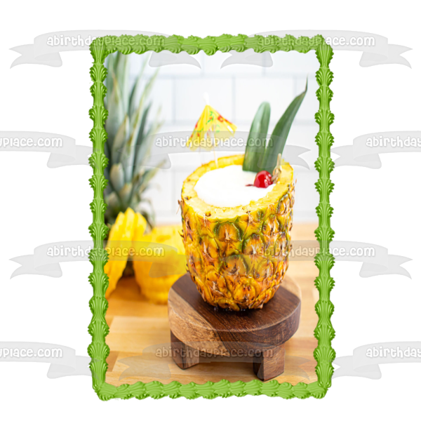 Pina Colada In a Pineapple Drink Umbrella Edible Cake Topper Image ABPID56142