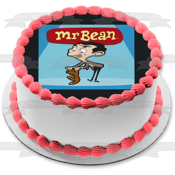 Mr. Bean Cartoon Teddy Blue Background Edible Cake Topper Image ABPID12976