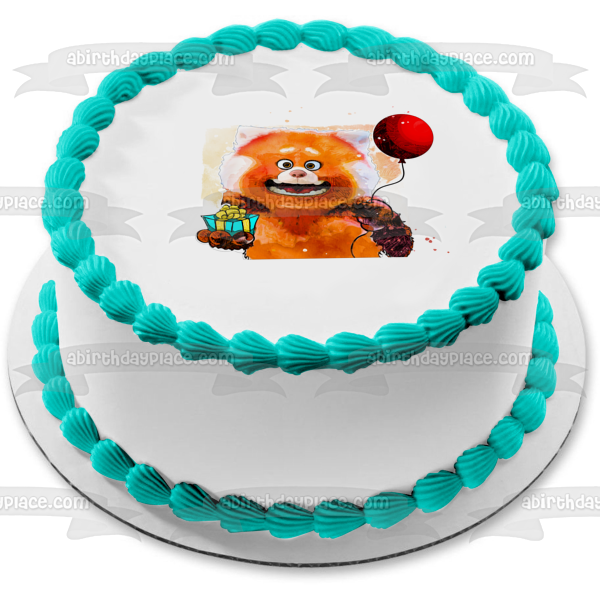 Dibujo de cumpleaños de Turning Red, Panda rojo con un globo y un regalo, adorno comestible para tarta, imagen ABPID56054 