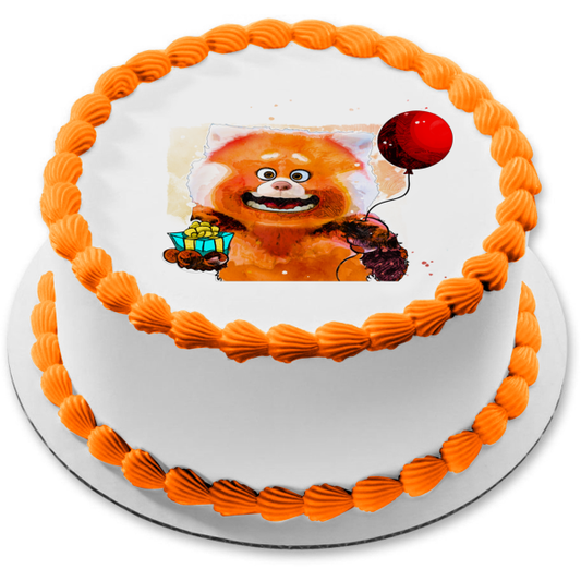 Dibujo de cumpleaños de Turning Red, Panda rojo con un globo y un regalo, adorno comestible para tarta, imagen ABPID56054 