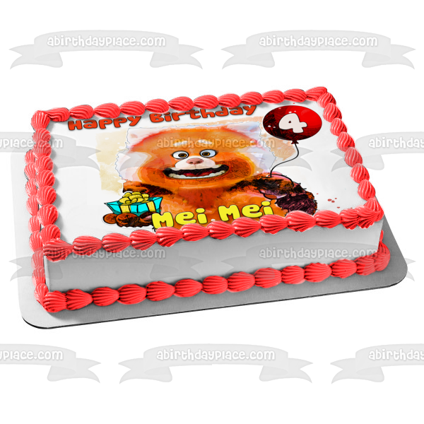 Dibujo de cumpleaños de Turning Red, Panda rojo con un globo y un regalo, adorno comestible para tarta, imagen ABPID56054 