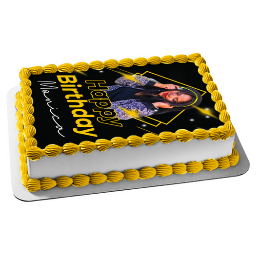 Marco de fotos personalizable con diamante amarillo, adorno comestible para tarta de feliz cumpleaños, marco de imagen ABPID56055 