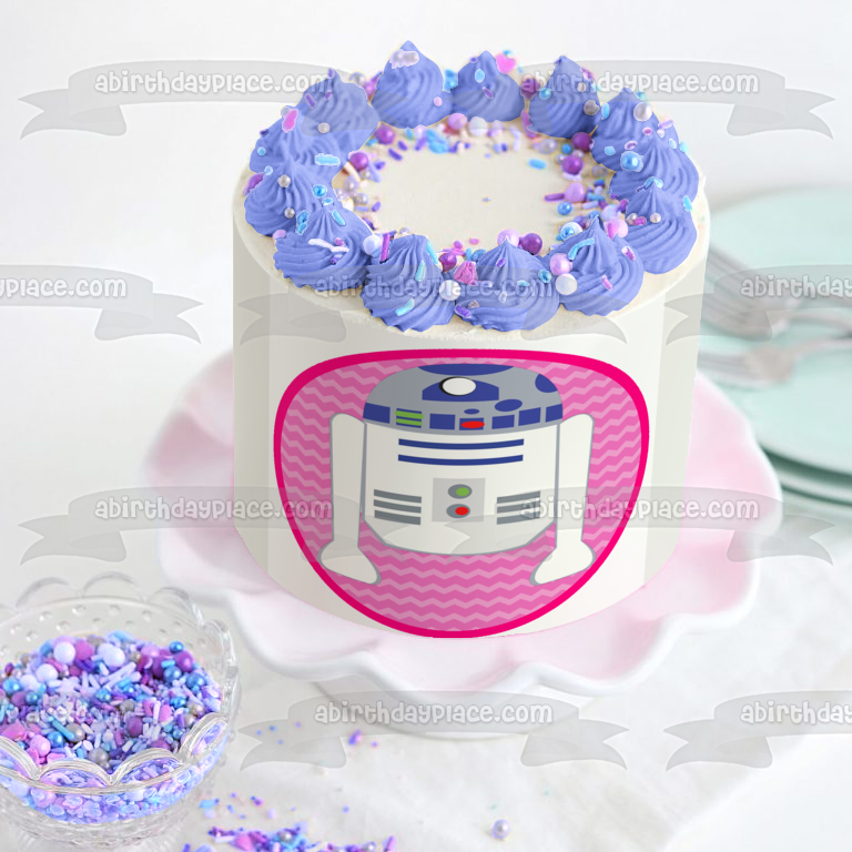 Imagen de decoración comestible para tarta con fondo rosa de Star Wars R2-D2 ABPID12706 