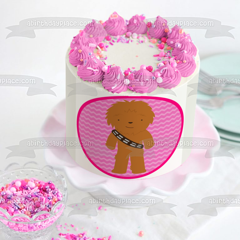 Star Wars Cartoon Chewbaca Pink Background Edible Cake Topper Image ABPID12711