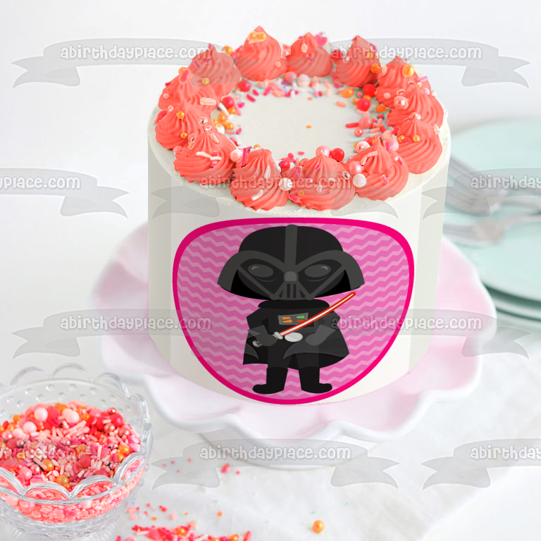 Star Wars Cartoon Darth Vader Lightsaber Pink Background Edible Cake Topper Image ABPID12714