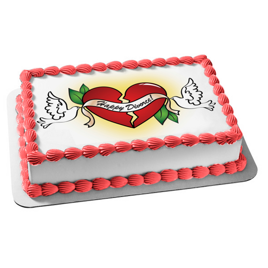 Happy Divorce Banner Broken Heart White Doves Edible Cake Topper Image ABPID13114