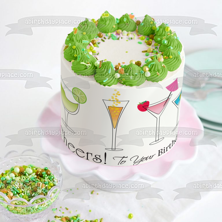 Happy Birthday Cheers to Your Birthday Cocktail Glasses Edible Cake Topper Image ABPID13117