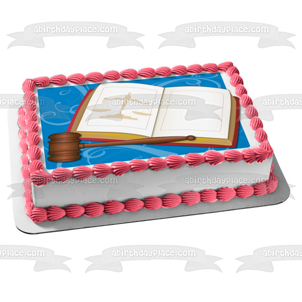 Imagen de adorno comestible para tarta con fondo azul y mazo de la Biblia del tribunal del juez ABPID13119 