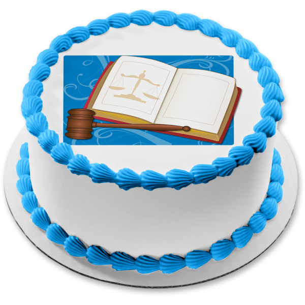 Imagen de adorno comestible para tarta con fondo azul y mazo de la Biblia del tribunal del juez ABPID13119 