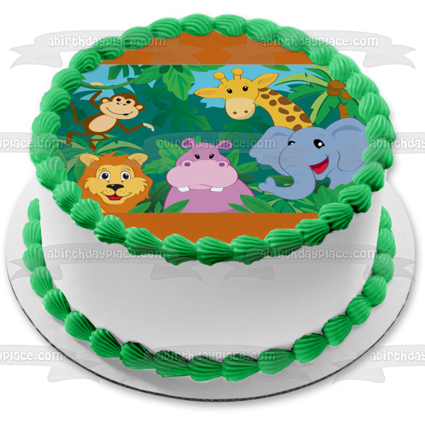 Decoración comestible para tarta con diseño de animales de la selva, mono, jirafa, león, hipopótamo, elefante, imagen ABPID13123 