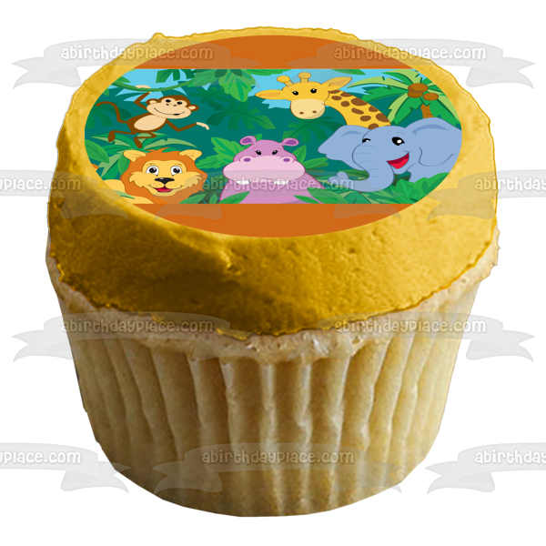 Decoración comestible para tarta con diseño de animales de la selva, mono, jirafa, león, hipopótamo, elefante, imagen ABPID13123 