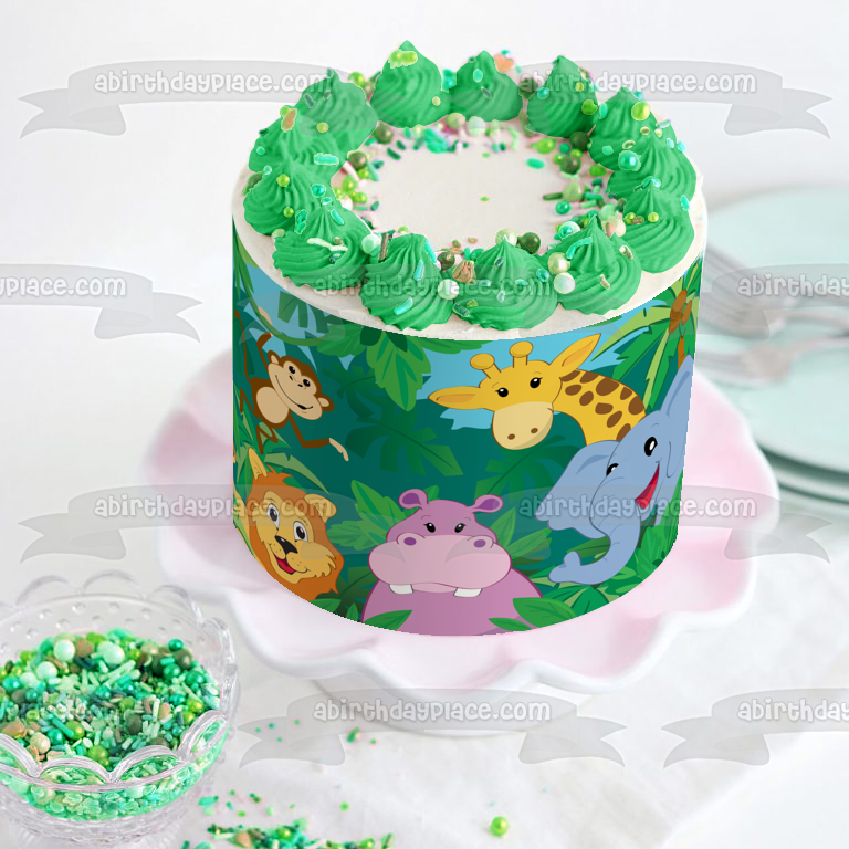 Decoración comestible para tarta con diseño de animales de la selva, mono, jirafa, león, hipopótamo, elefante, imagen ABPID13123 