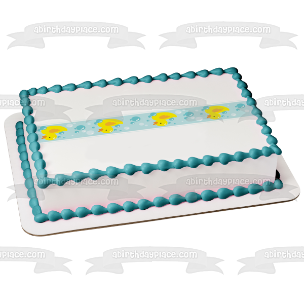 Patitos de goma de baño de burbujas de dibujos animados, burbujas blancas azules, fondo azul, adorno comestible para tarta, imagen ABPID13138 