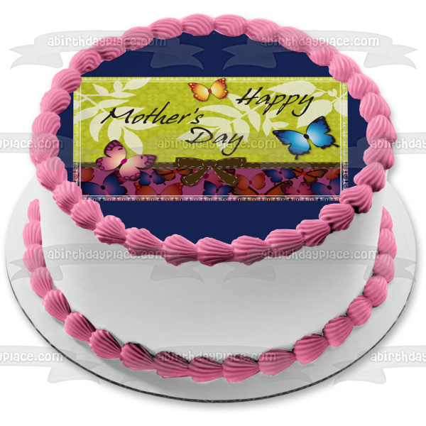 Feliz Día de la Madre Mariposas Hojas Lazo Adorno comestible para tarta Imagen ABPID13158 