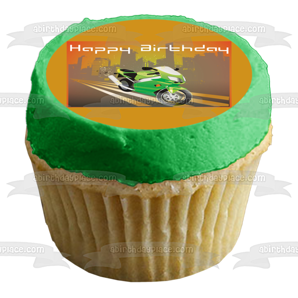 Decoración comestible para tarta con diseño de motocicleta verde de feliz cumpleaños, imagen ABPID13167 