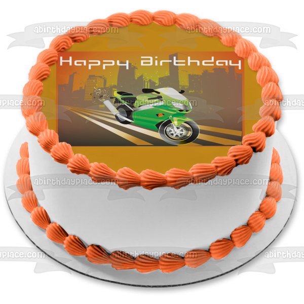 Decoración comestible para tarta con diseño de motocicleta verde de feliz cumpleaños, imagen ABPID13167 