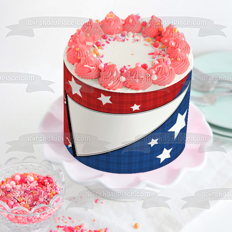 White Pennant Stars Red Blue Plaid Background Edible Cake Topper Image ABPID13177