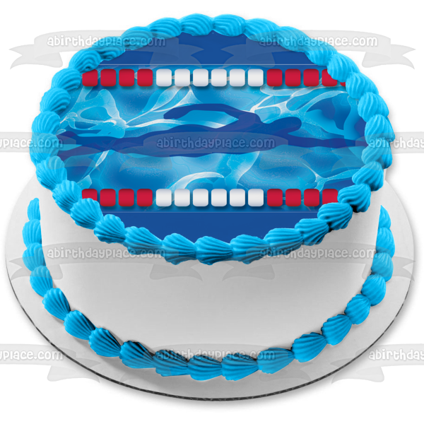 Swimming Blue Swimmer Silhouette Blue Waves Background Edible Cake Topper Image ABPID13304