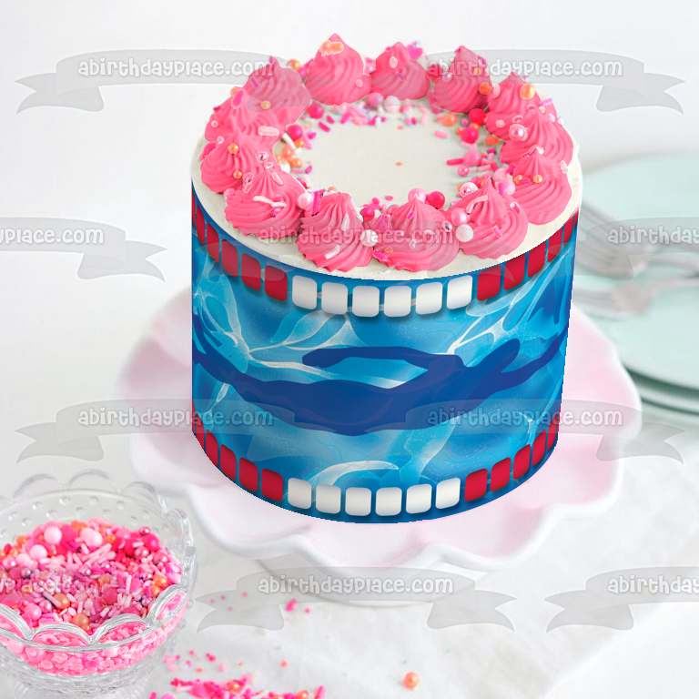 Swimming Blue Swimmer Silhouette Blue Waves Background Edible Cake Topper Image ABPID13304