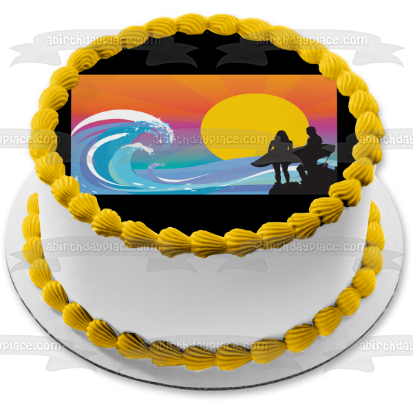 Beach Sunset Man Woman Surfboards Silhouette Waves Edible Cake Topper Image ABPID13190