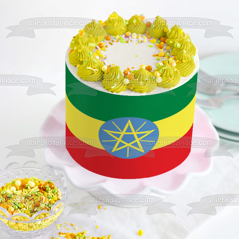 Flag of Ethiopia Green Yellow Red Stripes Blue Yellow Star Edible Cake Topper Image ABPID13316