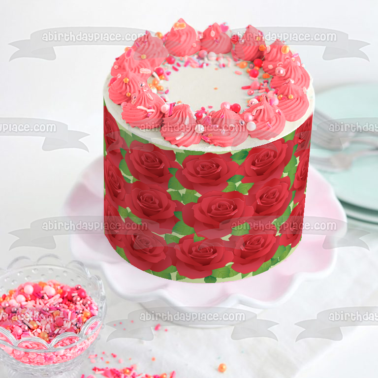 Red Roses Green Leaves Pattern Edible Cake Topper Image ABPID13199