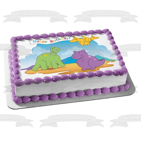 Decoración comestible para tarta con diseño de dinosaurios, color verde, morado y amarillo, imagen ABPID13323 