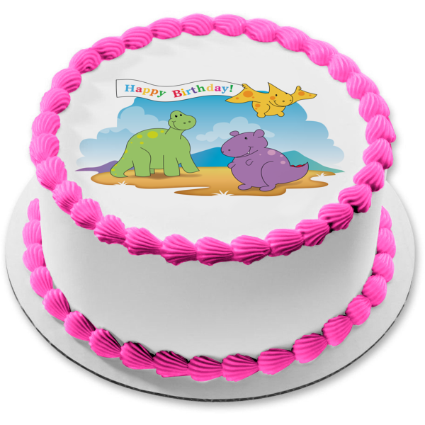 Decoración comestible para tarta con diseño de dinosaurios, color verde, morado y amarillo, imagen ABPID13323 