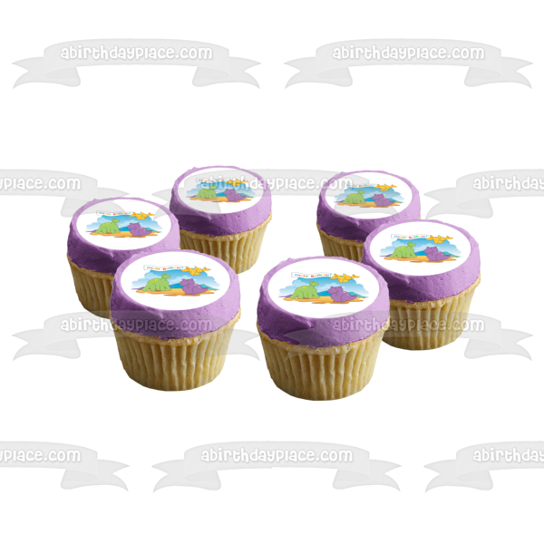 Decoración comestible para tarta con diseño de dinosaurios, color verde, morado y amarillo, imagen ABPID13323 