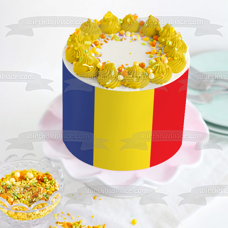 Imagen de decoración comestible para tarta comestible con bandera de la República de Chad, color azul, dorado y rojo, ABPID13201 