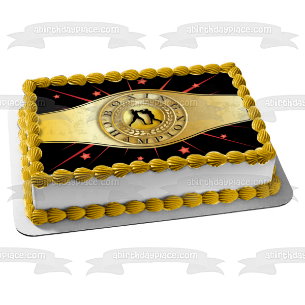 Decoración comestible para tarta con cinturón de campeón de boxeo deportivo, dos boxeadores, estrellas rojas, imagen ABPID13328 