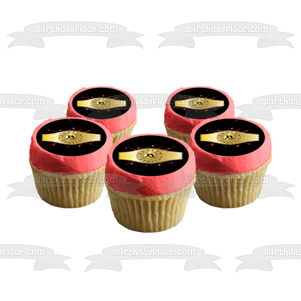 Decoración comestible para tarta con cinturón de campeón de boxeo deportivo, dos boxeadores, estrellas rojas, imagen ABPID13328 