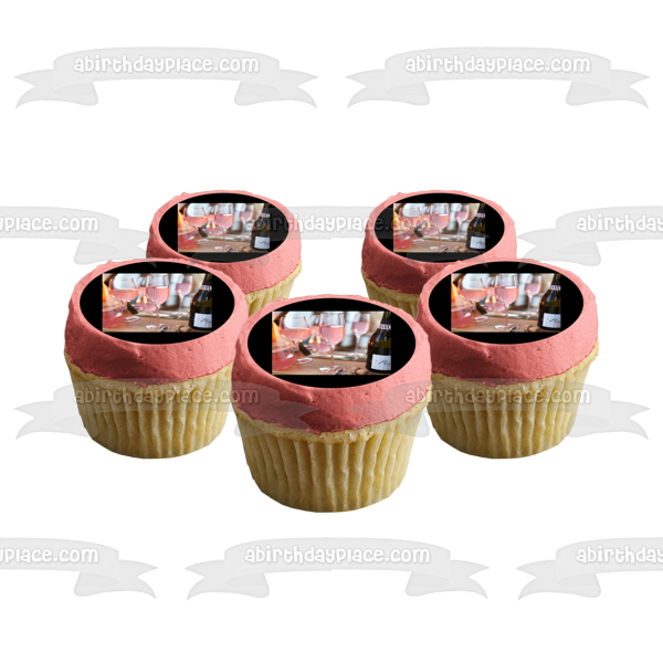 Pink Champagne Bottle and Glasses Edible Cake Topper Image ABPID56102