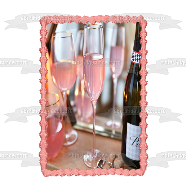 Pink Champagne Bottle and Glasses Edible Cake Topper Image ABPID56102