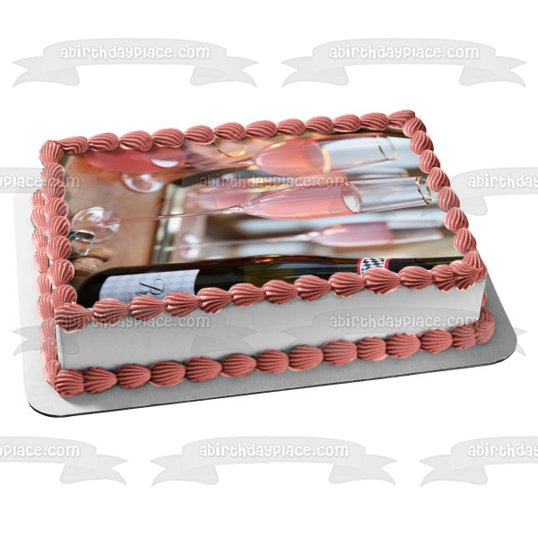 Pink Champagne Bottle and Glasses Edible Cake Topper Image ABPID56102