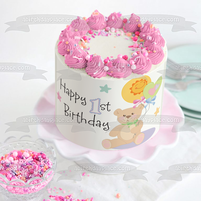 Happy 1st Birthday Teddy Bear Balloons Stars Edible Cake Topper Image ABPID13213