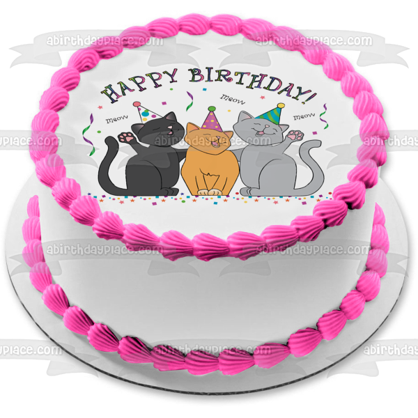 Feliz cumpleaños, gatos, maullido, sombreros de fiesta, serpentinas, decoración comestible para tarta, imagen ABPID13214 