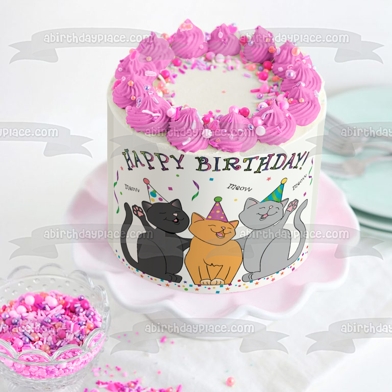 Feliz cumpleaños, gatos, maullido, sombreros de fiesta, serpentinas, decoración comestible para tarta, imagen ABPID13214 