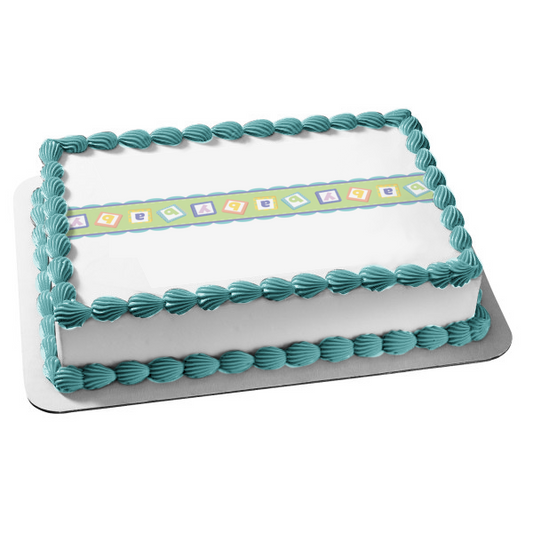 Imagen de adorno comestible para pastel con fondo verde de bloques de bebé para baby shower ABPID13335 