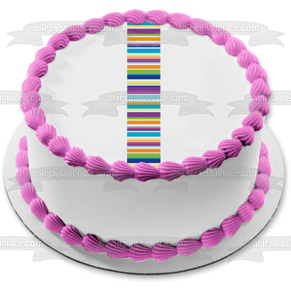 Adorno comestible para tarta con rayas horizontales, naranja, azul, morado, verde y blanco, imagen ABPID13342 